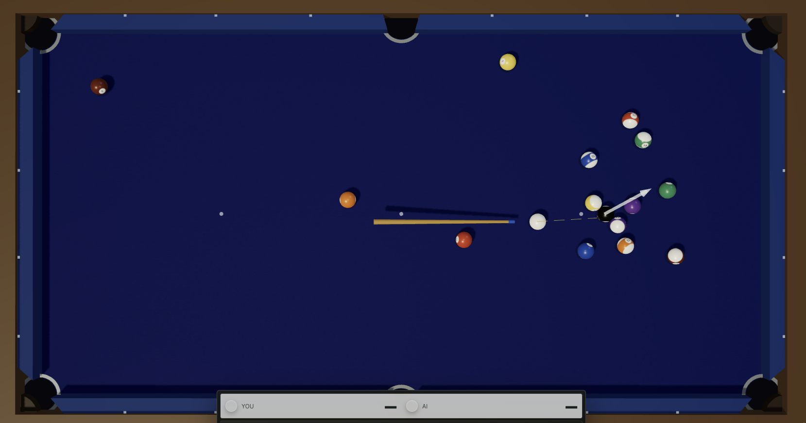 Overhead top-down view of the Baize snooker table mid-frame